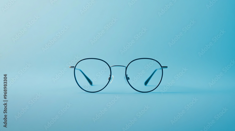 A pair of black framed round glasses on a blue background. A pair of black framed round glasses on a blue background.
