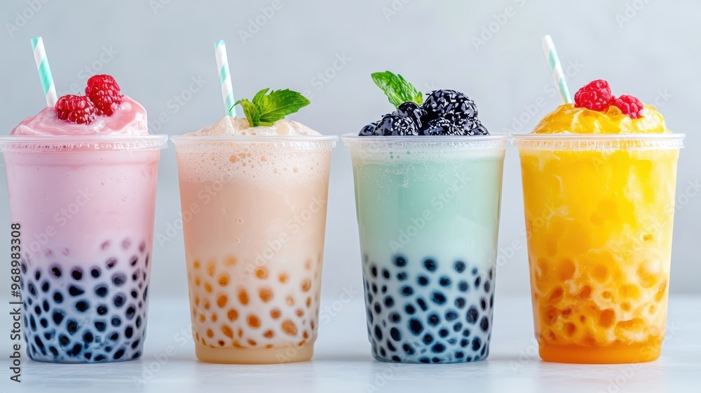 Modern Bubble Tea Shop with Glowing Tapioca Pearls and Transparent Shaking Stations, Copy Space Available for Text