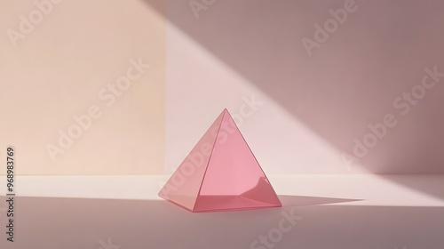 Minimalistic design with a single pink tetrahedron casting a shadow on a light background