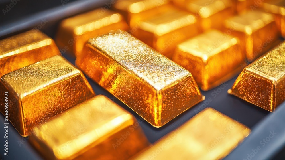 Close-up of molten gold cooling and forming into solid bars, Gold refining, industrial process, wealth Close-up of molten gold cooling and forming into solid bars, Gold refining, industrial process, wealth