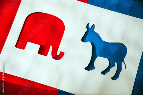 Fotografie Red Republican Elephant and Blue Democrat Donkey Represent Rivalry in U