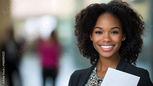 A young professional receiving a promotion smiling confidently with a congratulatory letter in hand. photo