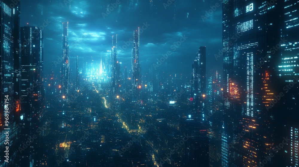 Fototapeta premium Futuristic AI-powered digital twin cities: A city where every physical structure has a digital counterpart managed by AI.