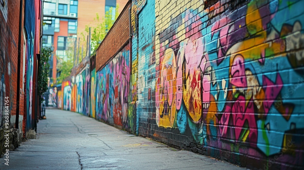 Fototapeta premium A narrow alleyway lined with colorful graffiti art on brick walls.