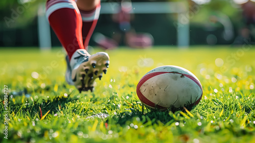 Rugby player preparing to kick the oval ball during a game. photo