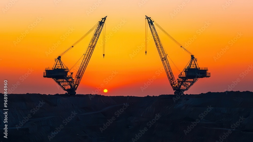 Industrial gold mine with cranes and heavy equipment, operating at dusk, Gold extraction, resource-intensive industry, mining Industrial gold mine with cranes and heavy equipment, operating at dusk, Gold extraction, resource-intensive industry, mining