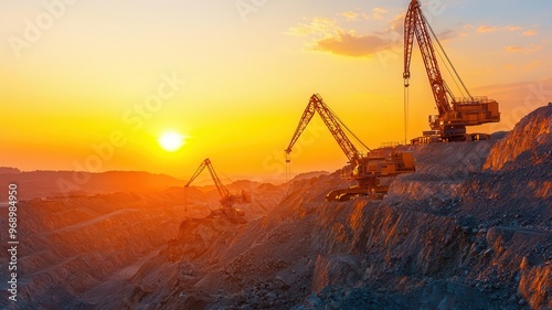 Industrial gold mine with cranes and heavy equipment, operating at dusk, Gold extraction, resource-intensive industry, mining