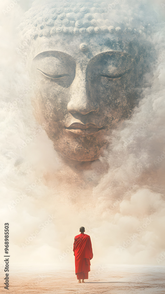 Obraz premium A serene scene where a monk in a vivid red robe stands with their back to the viewer, gazing up at a colossal, ethereal Buddha face that seems to form out of mist and smoke