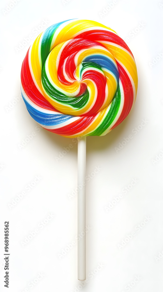 Lollipop with spiral rainbow colors, twisted sucker candy on stick isolated on white background Lollipop with spiral rainbow colors, twisted sucker candy on stick isolated on white background