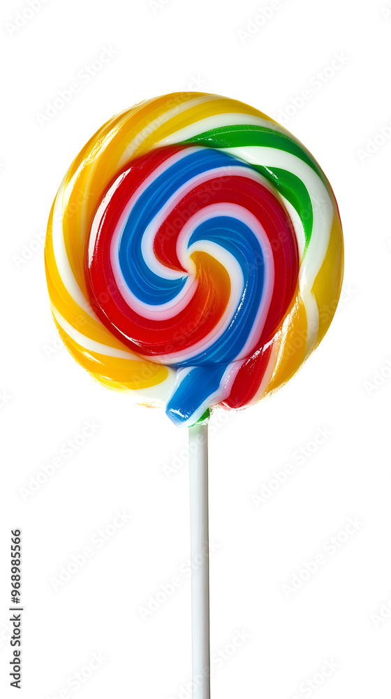 Lollipop with spiral rainbow colors, twisted sucker candy on stick isolated on white background Lollipop with spiral rainbow colors, twisted sucker candy on stick isolated on white background