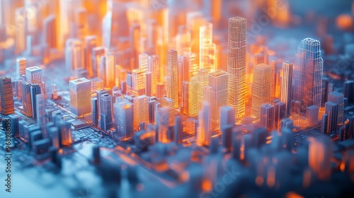 Futuristic AI-powered digital twins of cities used for urban planning and simulations: AI-powered 3D models of entire cities used to simulate urban development and infrastructure changes. #968986155