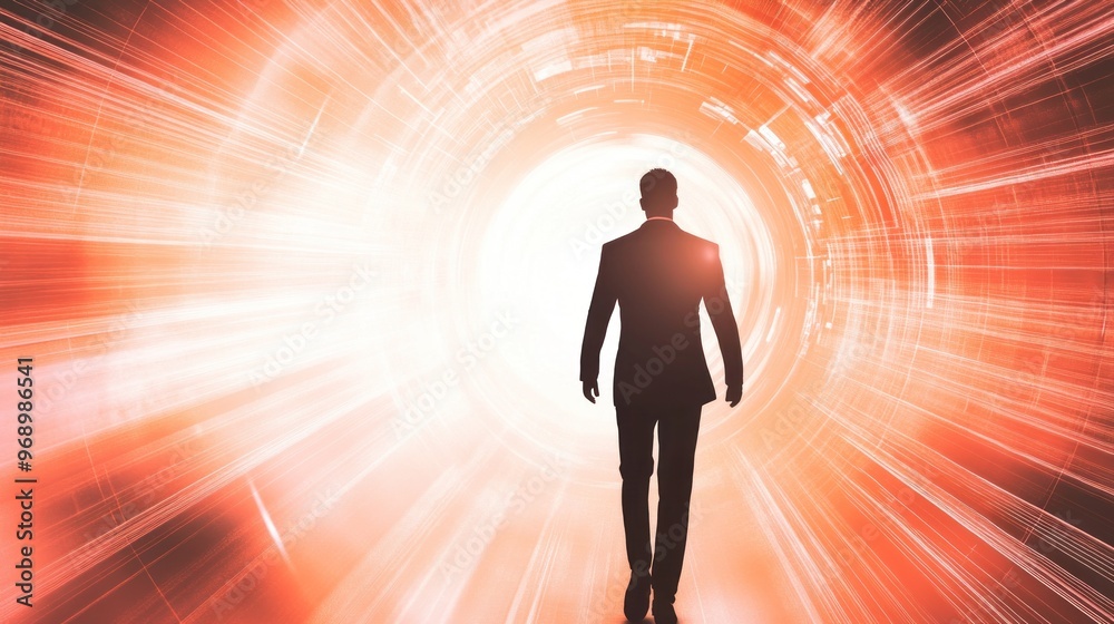 Silhouette of a Man Walking Towards a Bright Light Through a Circular Tunnel Silhouette of a Man Walking Towards a Bright Light Through a Circular Tunnel