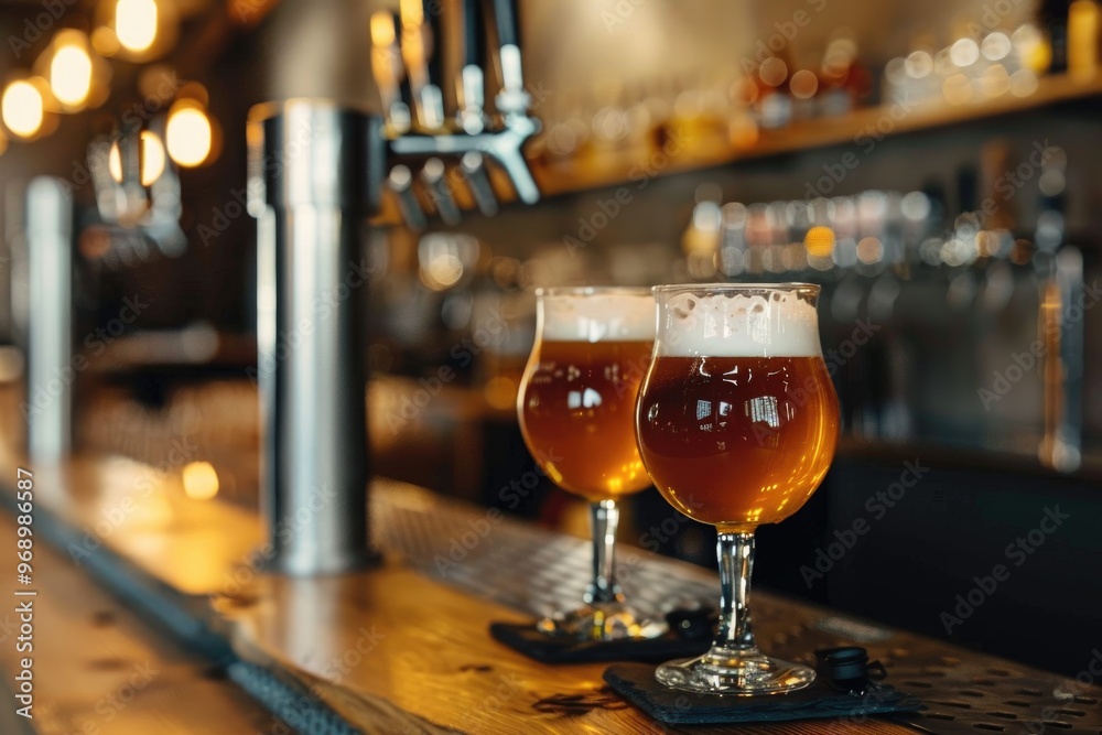 Cozy Craft Beer Bar with Two Full Glasses of Beer on Wooden Counter in Warm Lighting Cozy Craft Beer Bar with Two Full Glasses of Beer on Wooden Counter in Warm Lighting
