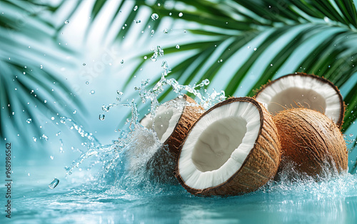 Tropical Coconut Halves with Water Splash and Green Leaves