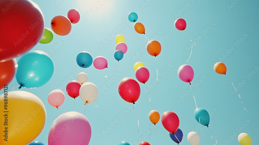Vibrant Shot of Colorful Balloons Floating Against a Clear Blue Sky Vibrant Shot of Colorful Balloons Floating Against a Clear Blue Sky