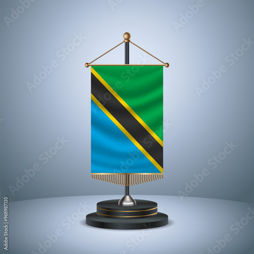 Tanzania Vertical table flag with golden pole of on dark  gradient background
