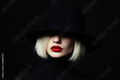 The beautiful face of a woman in a hat over a dark background.