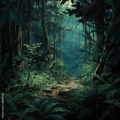 Fototapeta Naklejka Na Ścianę i Meble -  Vibrant jungle with winding path, ideal for travel ads or nature projects.