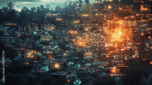 Futuristic AI-powered disaster preparedness systems analyzing and mitigating natural disaster risks: AI calculating potential disaster zones and optimizing emergency responses.