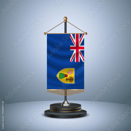 Turk and Caicos Vertical table flag with golden pole of on dark  gradient background
