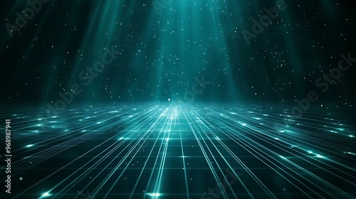 A mesmerizing digital landscape featuring radiant beams of light and a shimmering grid, creating a futuristic atmosphere.