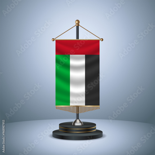 United Arab Emirates Vertical table flag with golden pole of on dark  gradient background
