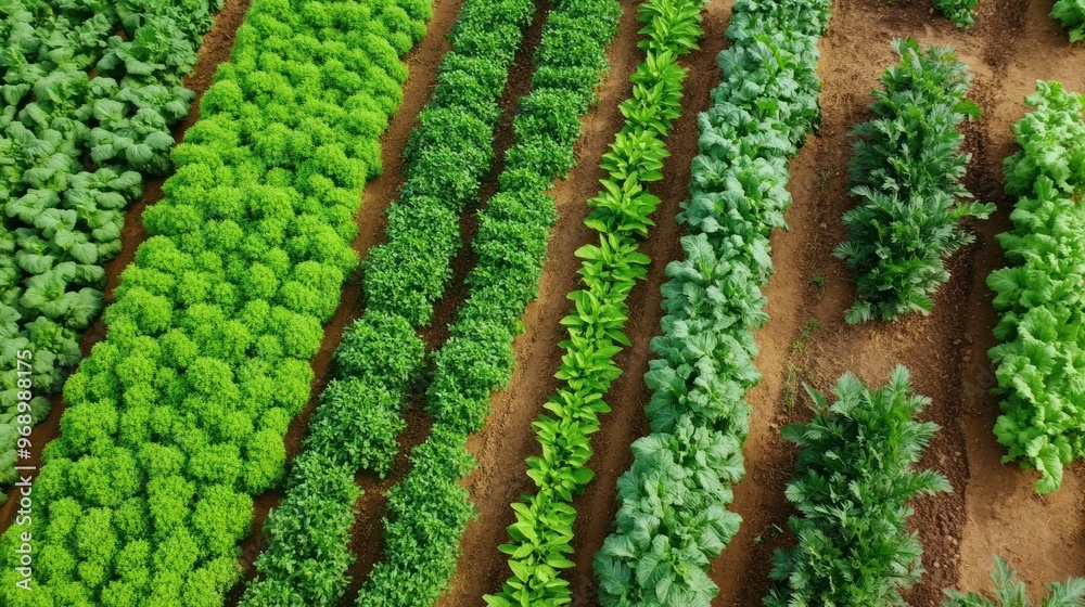 Aerial View of Rows of Lush Green Crops in a Field Aerial View of Rows of Lush Green Crops in a Field