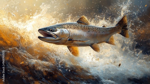 Dynamic image of a big trout fish leaping in a turbulent river, capturing the energy and motion of the wildlife scene. photo