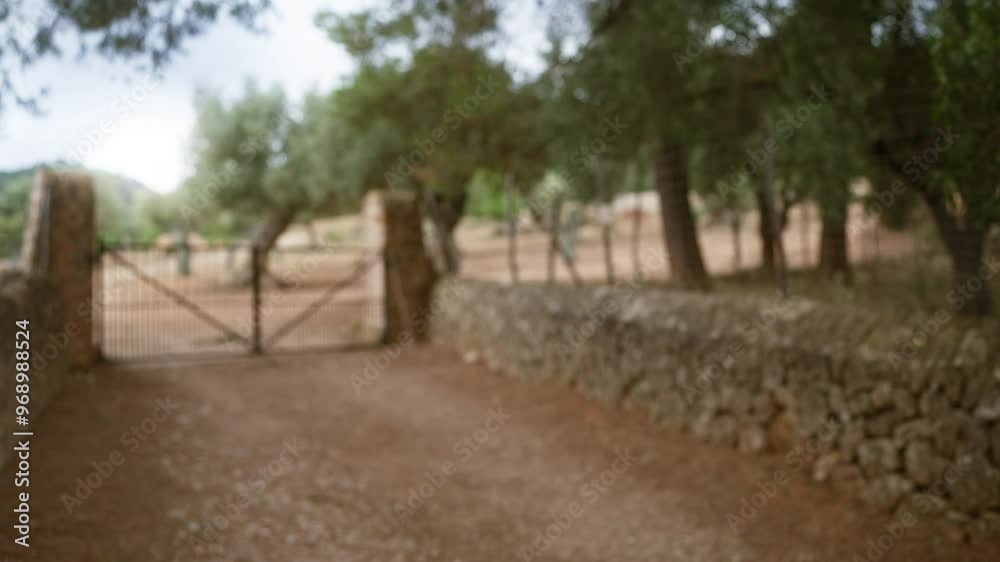 Blurry image of outdoor gate surrounded by stone wall and trees in mallorca Blurry image of outdoor gate surrounded by stone wall and trees in mallorca
