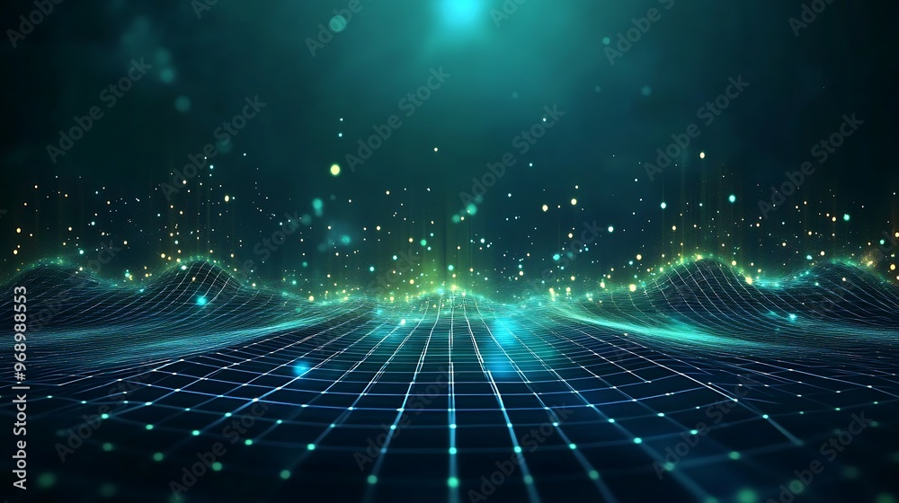 A mesmerizing digital landscape showcasing abstract waves and glowing particles, perfect for technology and creative projects. A mesmerizing digital landscape showcasing abstract waves and glowing particles, perfect for technology and creative projects.