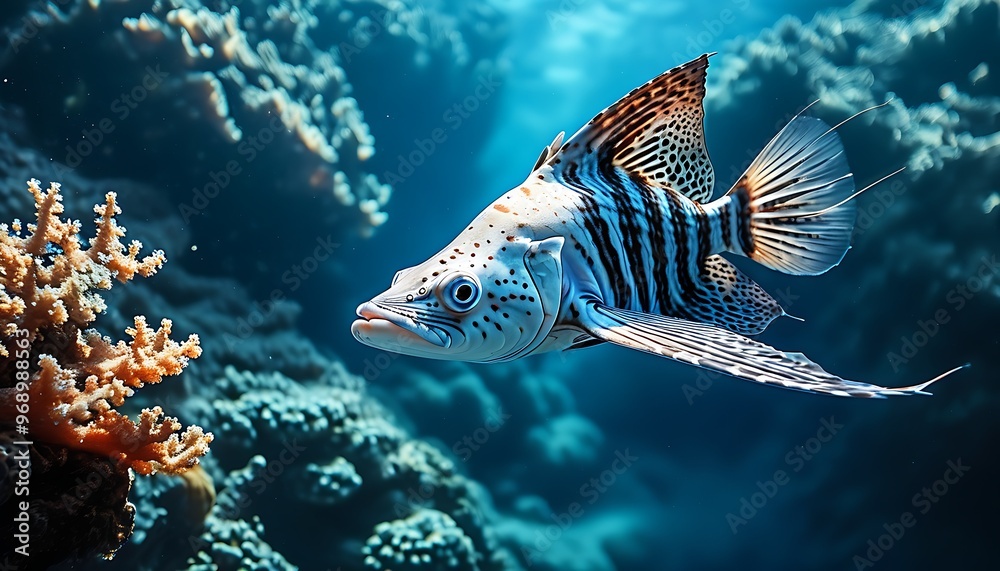 The elegant devil fish swimming in the deep sea, the blue seawater ...