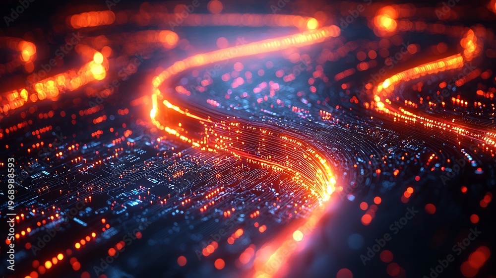 Semiabstract design of a tech conference with glowing neon outlines of gadgets and swirling lines representing digital innovation and connectivity Semiabstract design of a tech conference with glowing neon outlines of gadgets and swirling lines representing digital innovation and connectivity