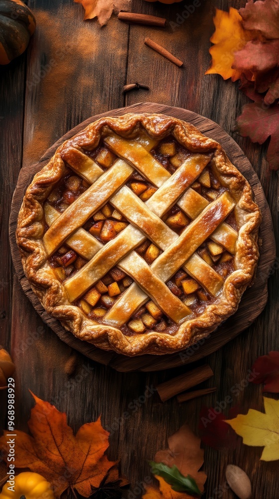 Homemade apple pie with lattice crust and autumn leaves on wooden table, cozy seasonal dessert concept Homemade apple pie with lattice crust and autumn leaves on wooden table, cozy seasonal dessert concept