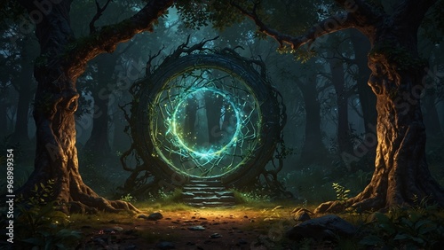 A mysterious magic portal in a secluded forest glade, shimmering with arcane runes and pulsing with an ethereal light. The portal’s surface ripples like liquid as it opens into a swirling vortex of co photo