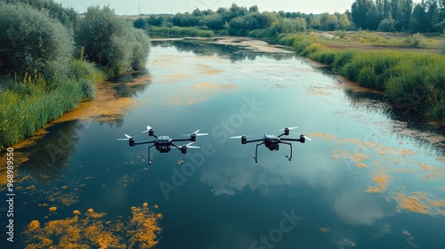 Autonomous AI-driven water filtration drones cleaning polluted rivers and lakes: Drones removing contaminants and waste from water bodies.