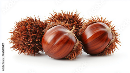 chestnuts with a brown shell and partly the shells with spines are still present photo