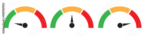 Risk meter icon set design. Speedometer icon, vector set on white background. Low, Medium or High risk on speedometer. Set of gauges from low to high. Vector illustration