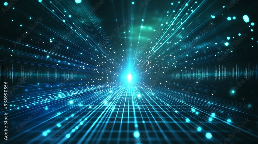 A mesmerizing view of light rays and particles converging towards a central point, depicting depth and digital energy. A mesmerizing view of light rays and particles converging towards a central point, depicting depth and digital energy.