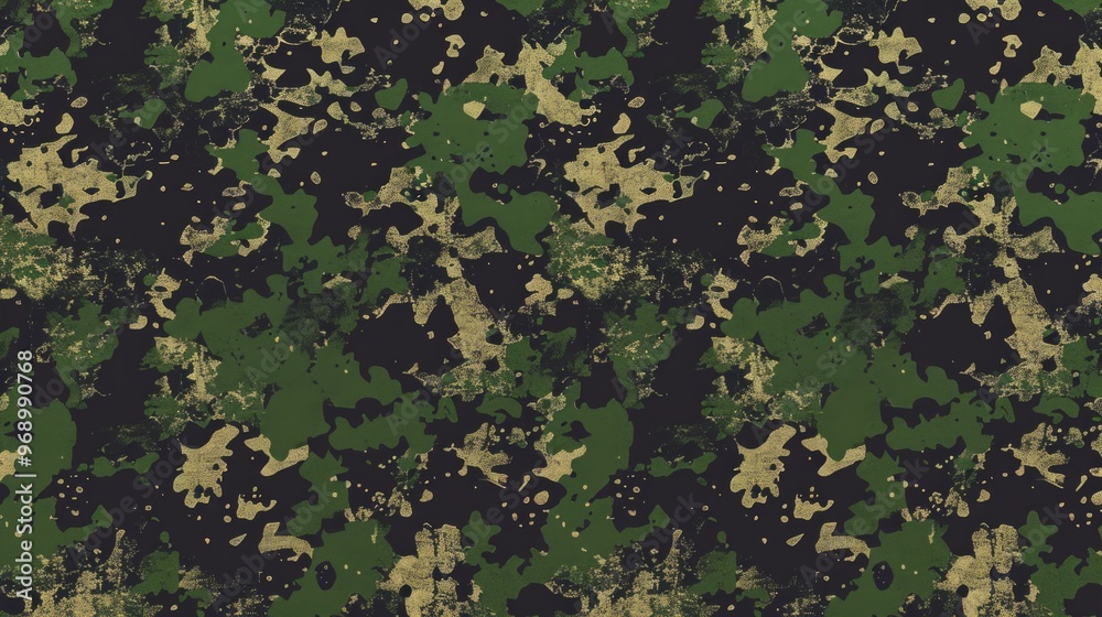 Camouflage texture background with green, black and gold hues, abstract shapes and artistic gold elements. Camouflage texture background with green, black and gold hues, abstract shapes and artistic gold elements.