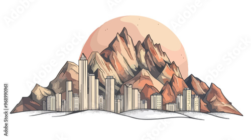 Handdrawn Abstract Mountain and City View Vector Illustration