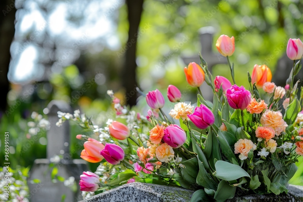 The background of a tomb decorated with candles and flowers. The background of a tomb decorated with candles and flowers.