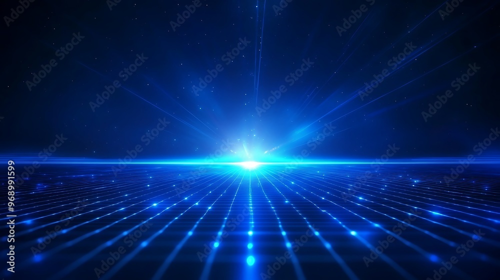 A stunning abstract blue light background, featuring luminous rays and a grid pattern, perfect for digital design and technology themes.