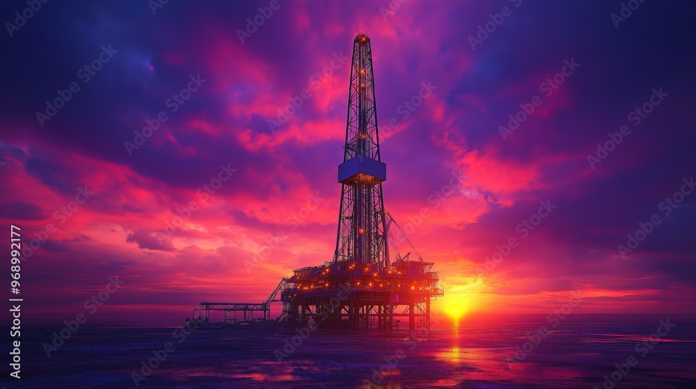 Offshore oil rig at sunset, with dramatic purple and orange skies reflecting on the water, capturing the grandeur and intensity of industrial engineering against the backdrop of nature's beauty Offshore oil rig at sunset, with dramatic purple and orange skies reflecting on the water, capturing the grandeur and intensity of industrial engineering against the backdrop of nature's beauty