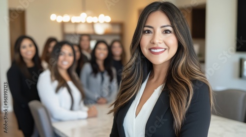 Confident Woman in Black Blazer Leading a Team in a Modern Office