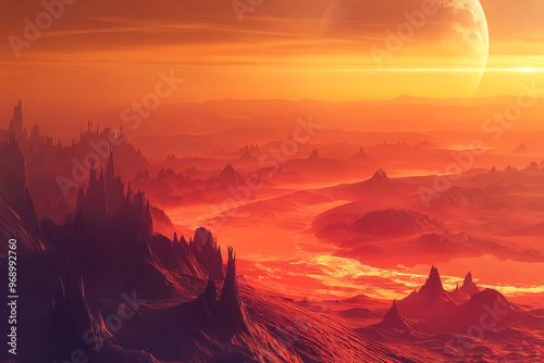 A red planet with a red sky and mountains in the background