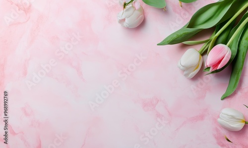 Display of white marble products with pink tulips. 3D rendering.