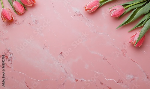 This 3D rendering shows a white marble product display with a tulip on a pink background.