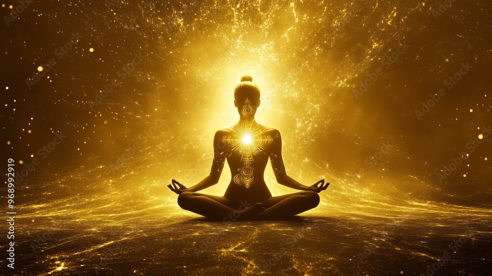 Meditating woman with glowing symbols of energy and chakras in the background, highlighted in golden color, representing inner peace and spiritual balance. Meditating woman with glowing symbols of energy and chakras in the background, highlighted in golden color, representing inner peace and spiritual balance.