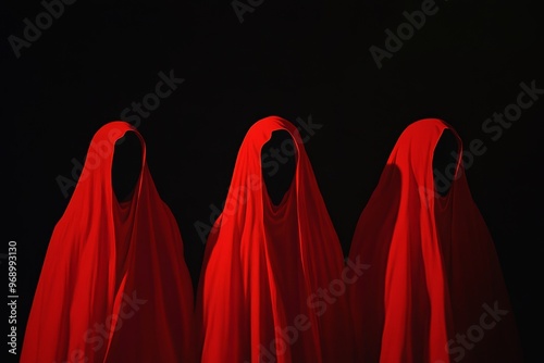 Group of mystery people wearing red hoods and dark suits. Ghostly figure. Satanic sect member. Isolated on black background.