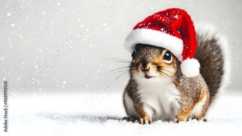 Squirrel in a Christmas hat, isolated on a white background. Funny festive New Year's squirrel, cute animal dressed in Santa clothes. Celebrating Christmas 2025. Generation AI